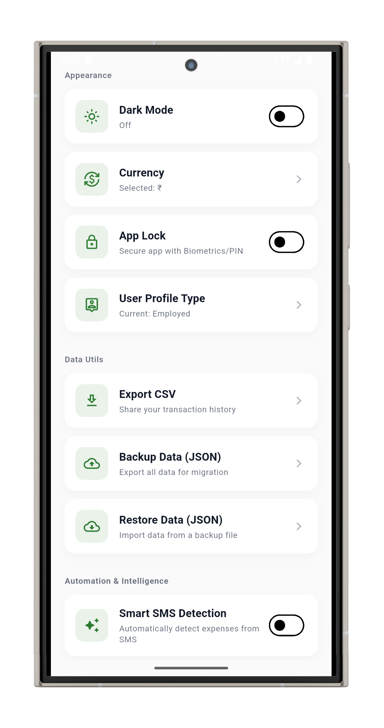 SpendPeel settings and privacy screen